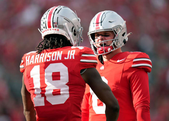 Marvin Harrison Jr. and Kyle McCord celebrate a touchdown at Ohio Stadium in Columbus, Ohio